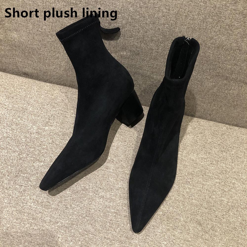 Autumn Winter Fashion Women Pointed Toe Yarn Elastic Ankle Boots Kid Suede Thick Heel Shoes Female Socks Boots Bota Femini