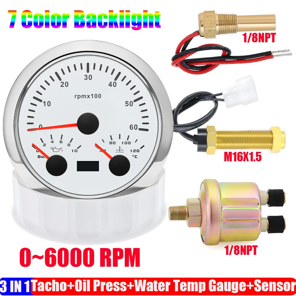 ZMFJH 3000~8000RPM 85MM Tachometer+Oil Pressure+Water Temp Gauge with Sensor 7 Color Light MultiMeter 0~10Bar for Car Boat 9-32V
