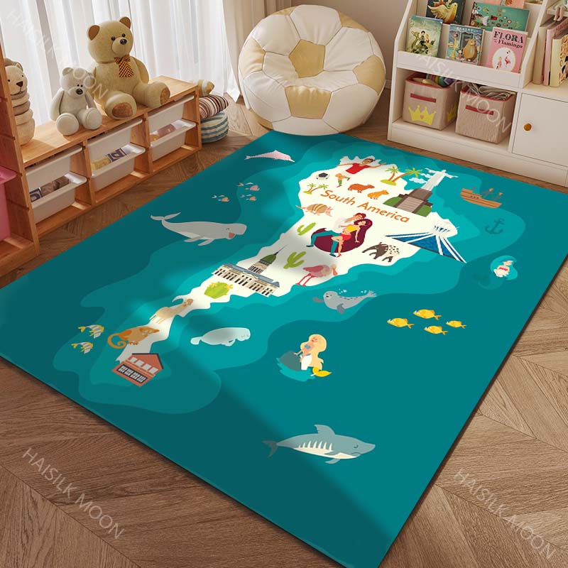 Cartoon Map of Five Continents with Animals Print Carpet for Living Room Bedroom Sofa Doormat Decor Kids Room Area Rug for Gifts