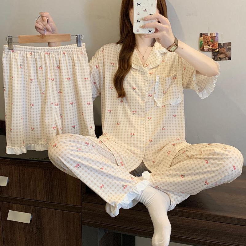 

Small fresh plaid cherry imitation cotton pajamas women s summer new sweet lace short-sleeved three-piece loungewear 2XL [recommended 135-75kg]