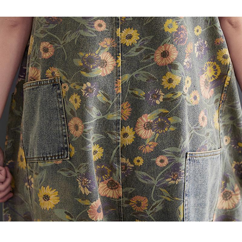 Salopette Jeans Casual Larghi Taglie Forti Donna Primavera Autunno Stampa Floreale Denim Salopette Gamba Larga Salopette Bretelle Pantaloni Ampi