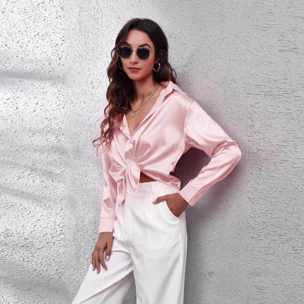 Flip Collar Pleated Long Sleeved Women's Satin Shirt, Elegant and Slim Fit, Suitable for Commuting To Work