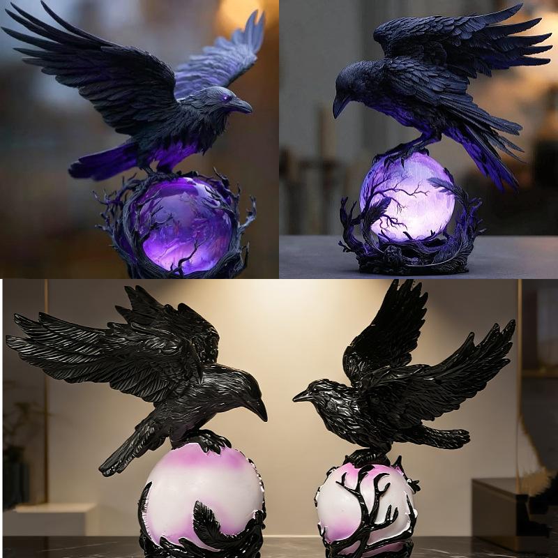 New Resin Sculpture of A Crow As A Decorative Item for Home Tabletop, A Halloween Gift, A Night Light for The Crow's Night.