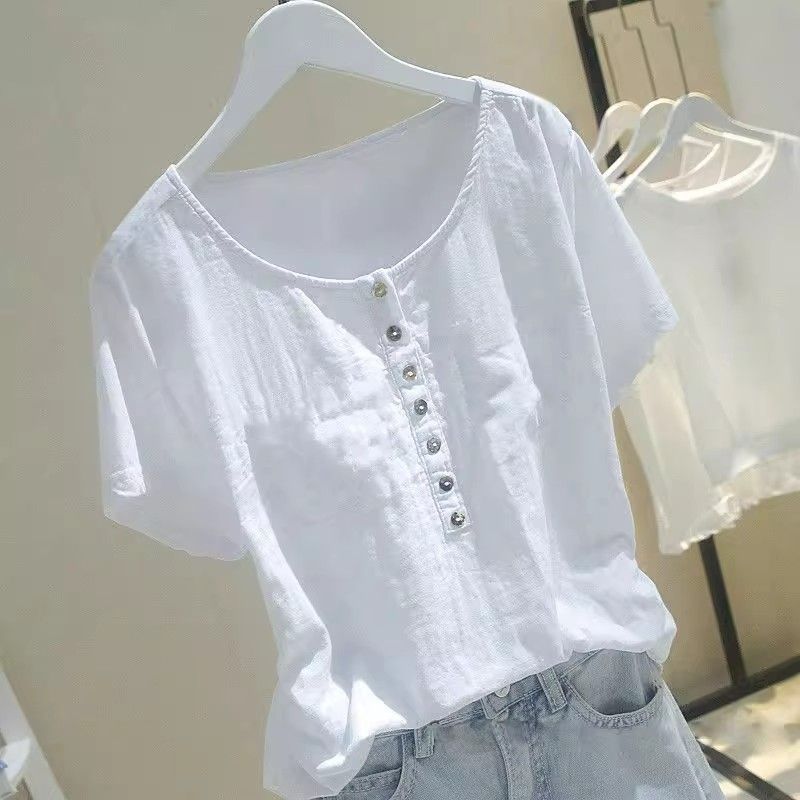 

New summer Korean version splicing T-shirt white short-sleeved ins loose and thin half-sleeved top cotton and linen M белый