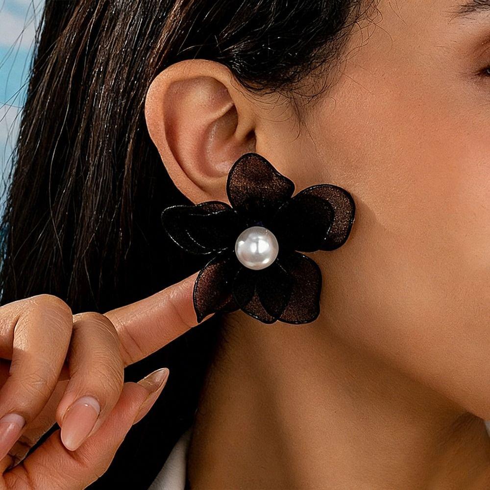 Mesh Petal Stud Earrings Fabric Mesh Stud Earrings Gifts Pearl Geometric Earring