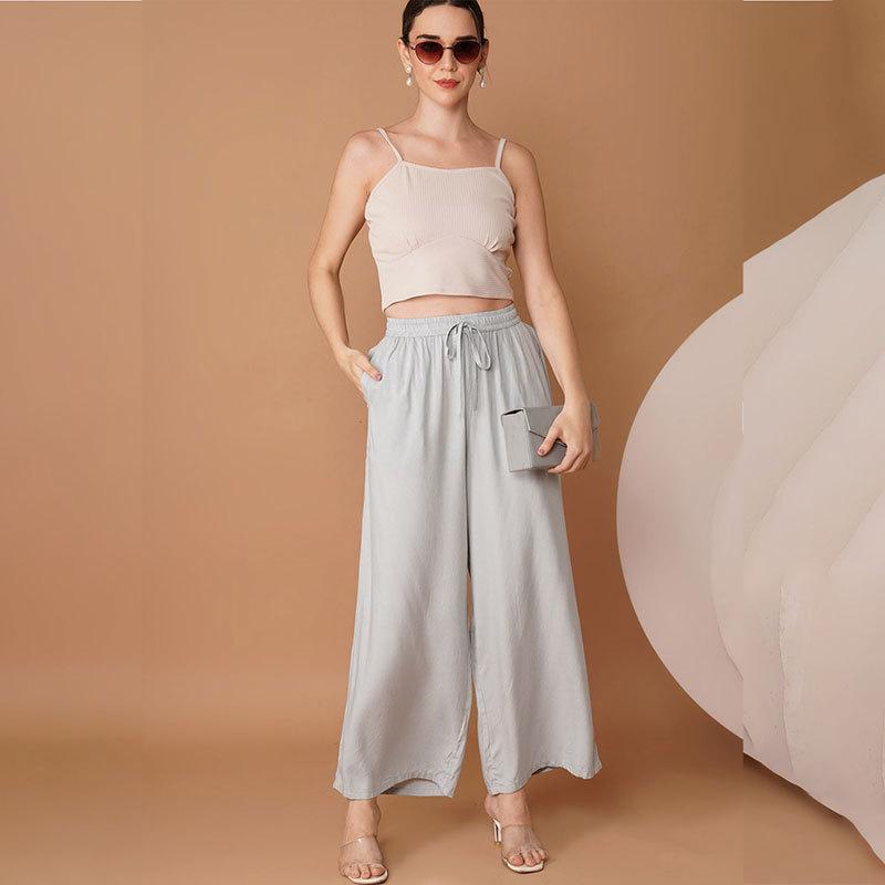 Cross-border Amazon spring and summer casual versatile women s trousers high-waisted drawstring pockets wide-leg trousers elastic-waisted straight-le S