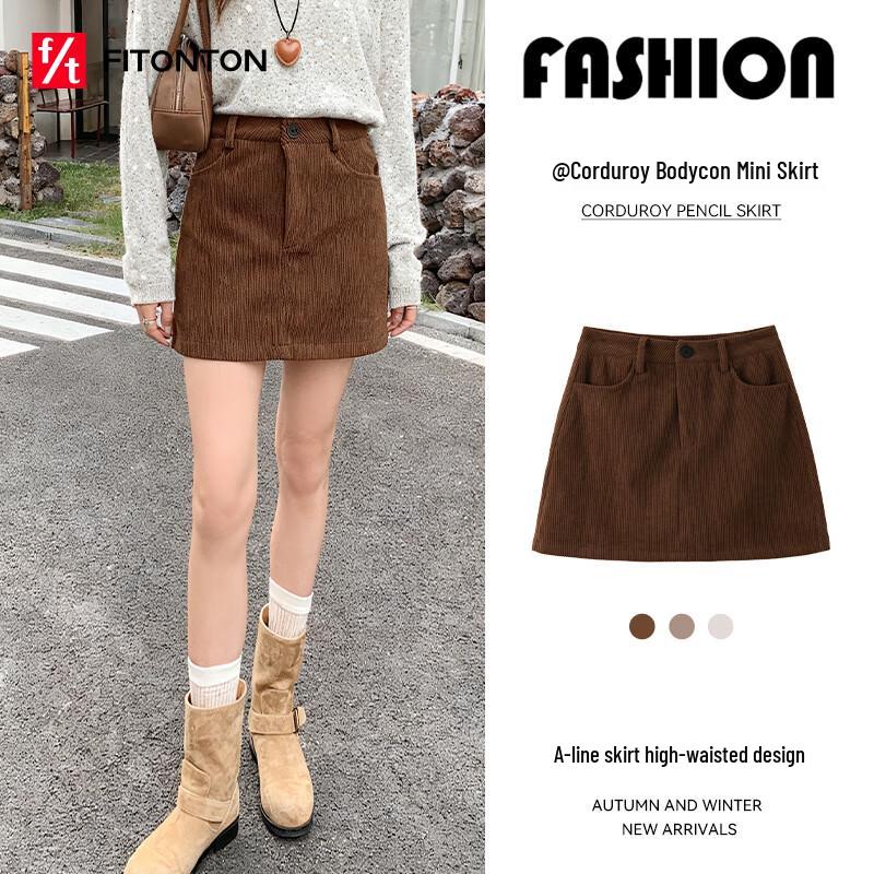 

FitonTon Women s Retro Corduroy High-Waist A-line Skirt L