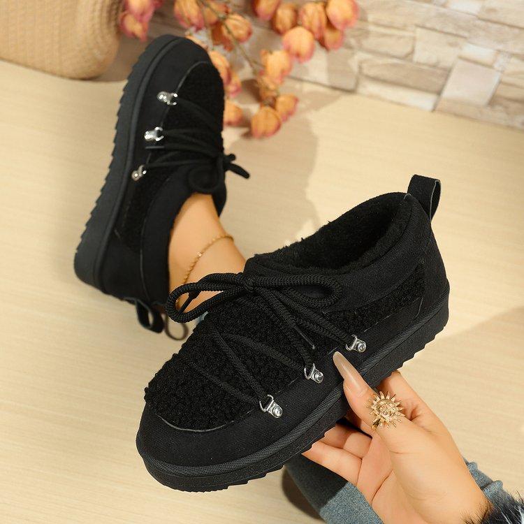 

Модные женские плюшевые зимние ботинки на толстой подошве, новый стиль, шнуровка, ретро, плюшевые теплые повседневные хлопковые ботинки, ботильоны для женщин 42 чёрный