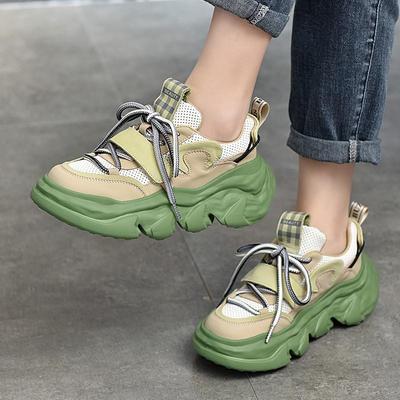 Blandade Färger Äkta Läder Andningsbar Mesh Sneakers Dam Fritid Sport Snörning Plattform Vulkaniserade Skor