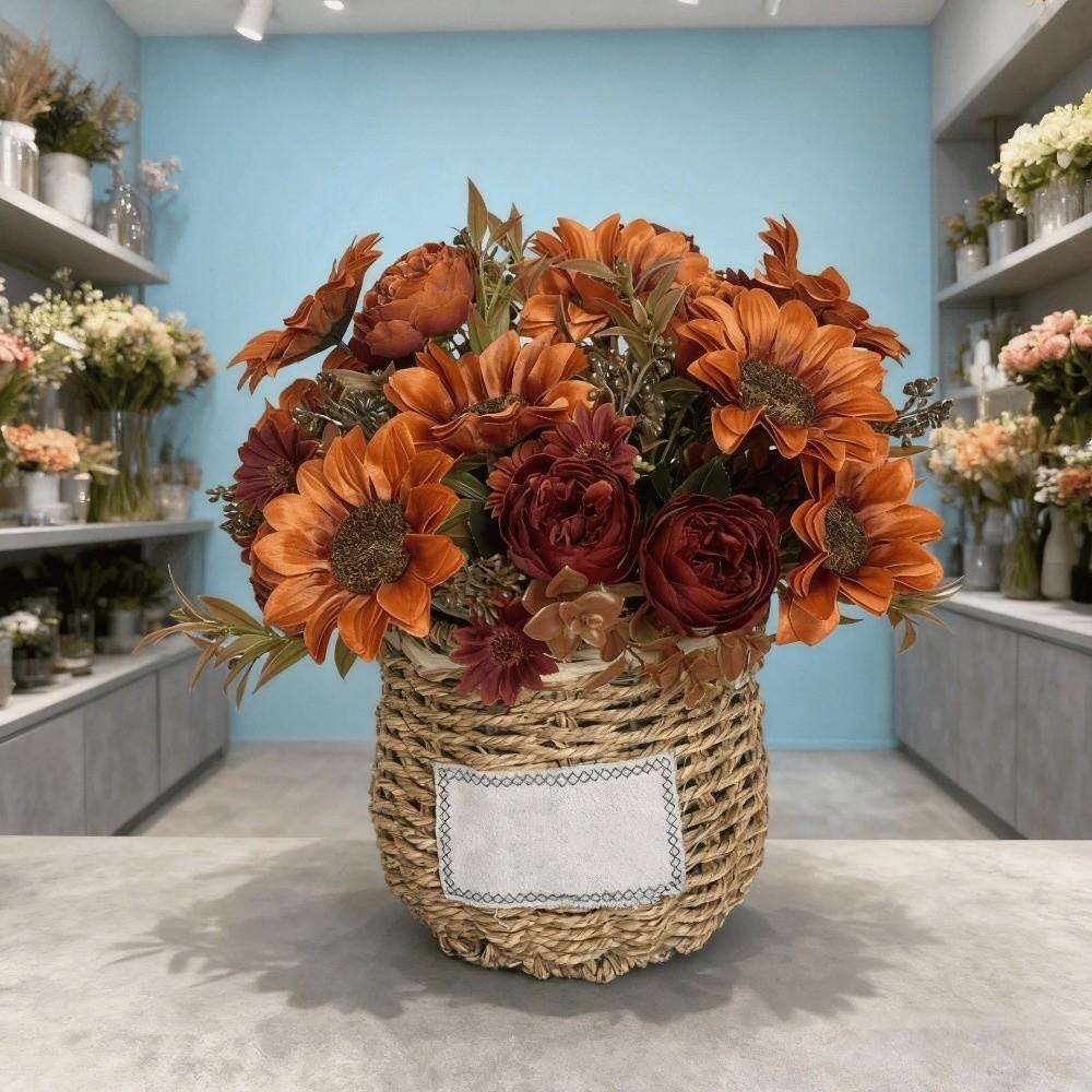 Rustic Fall Autumn Sunflower Peony Bouquet UV Resistant Silk Fake Peony Flowers Living Room Decor