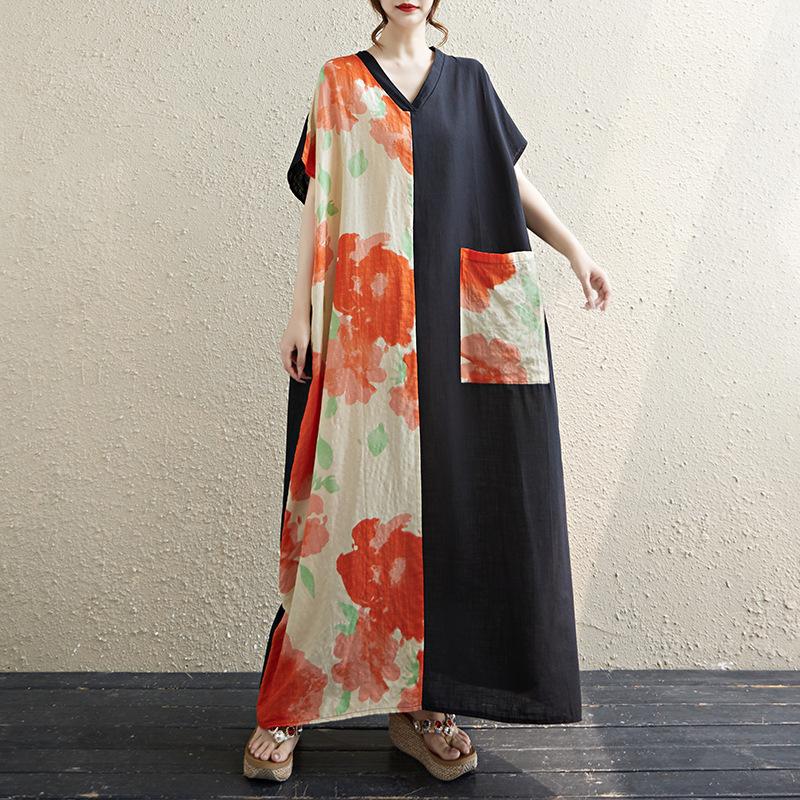 

Платье миди с короткими рукавами, в стиле колор-блок, с ретро V-образным вырезом из хлопка и льна, которое скрывает фигуру и делает ее стройнее L