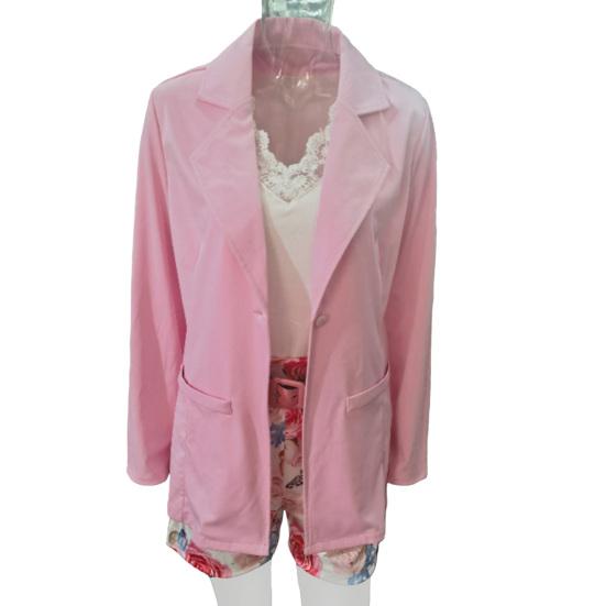 2 Stk./Set Damen Blazer Shorts Set Blumendruck Einfarbig Mantel Lange Ärmel