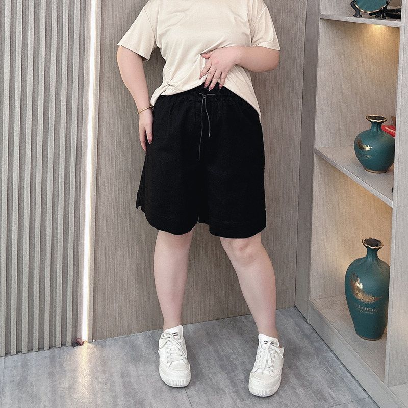

Plus Size Washed Cotton Plus Size Ladies Loose Slim Looking Cool Shorts Black XL 120-140