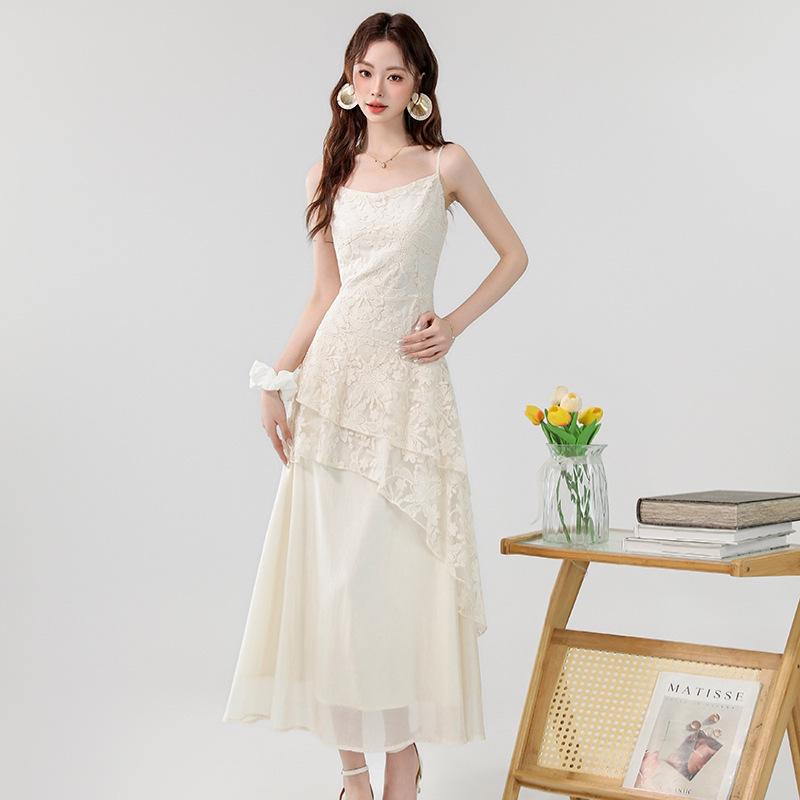 2026 Summer French Apricot Lace Embroidered Irregular Long Camisole Dress for Women