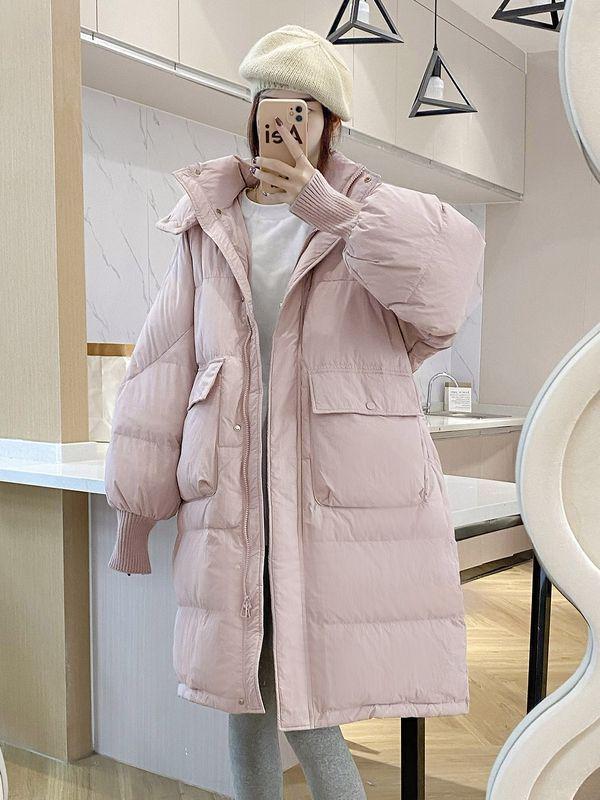 Women's 2025 Winter Hooded White Duck Down Jacket, Mid-Length, Loose Fit, Korean Style.