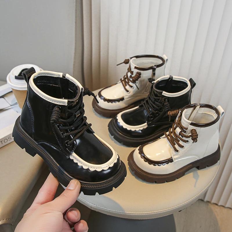 Girls' Britain Style Leather Boots Kids Black Round-toe Thick Sole Retro 2024 Spring and Autumn New Children's Short Boots Chic