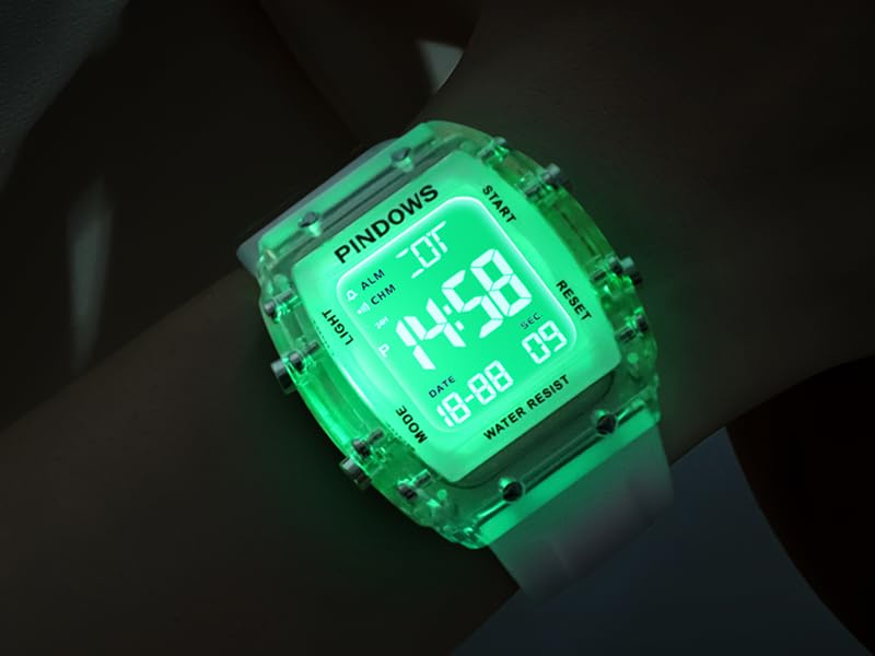 PINDOWS Women's Digital Sports Watch with Clear Transparent Case, Bright LED Light, 5ATM Water Resistance, Stopwatch, Alarm, and Dual Time Display, Id