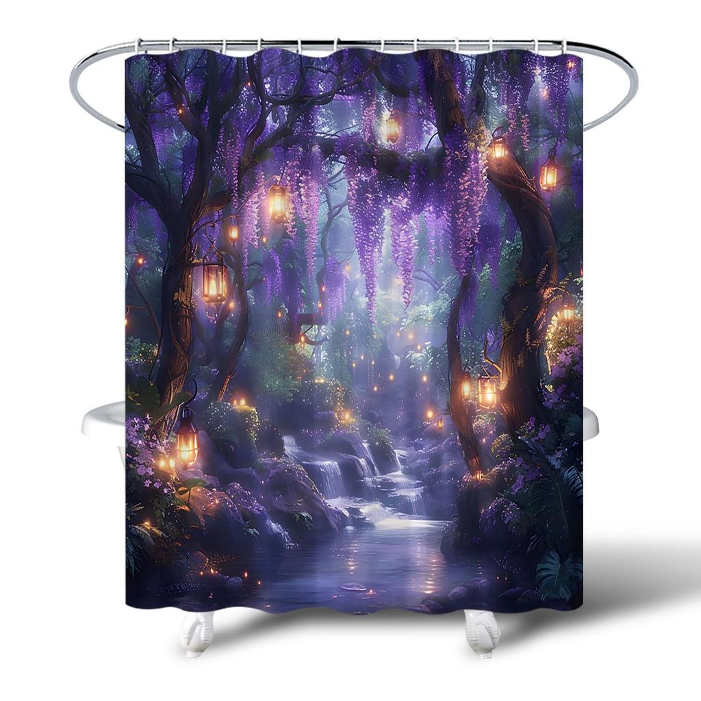 Purple Wisteria Flower Shower Curtain Enchanted Forest Waterfall Print Waterproof Fabric Machine Washable Durable For Allseasons