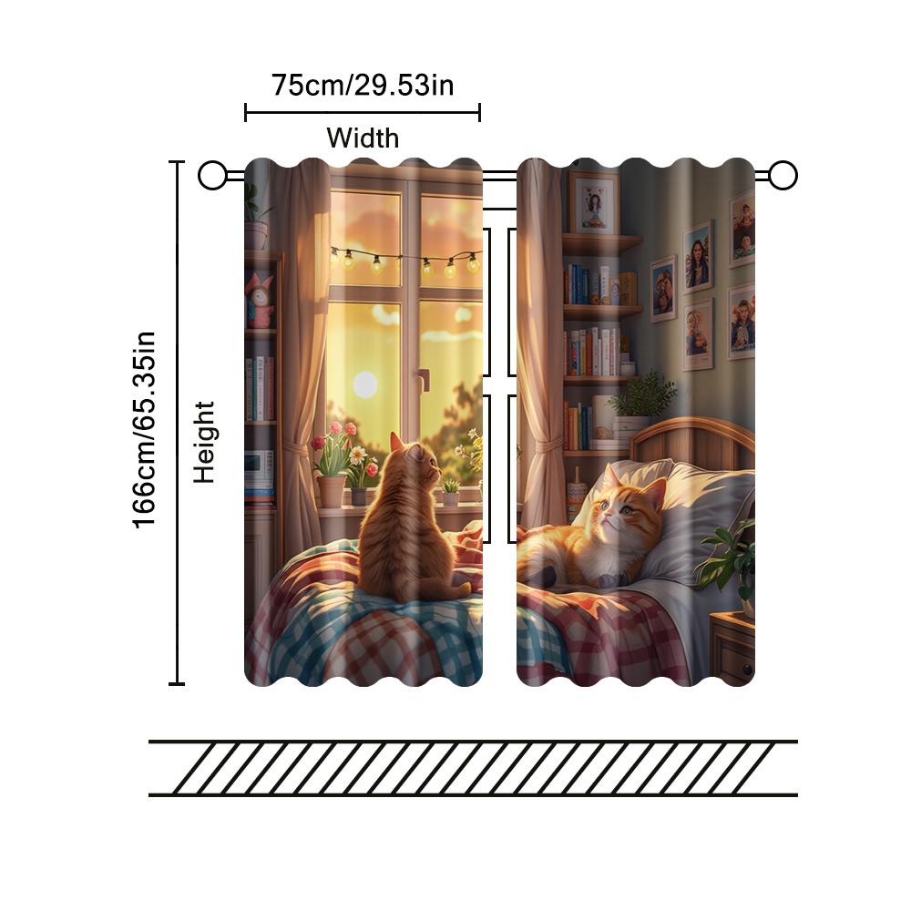 Set Of 2 Filtering Curtains Excluding Rods Non Movable Without Batteries Cute Cartoon Cat Use Bedrooms Living Rooms Curtain For Area Made Polyester