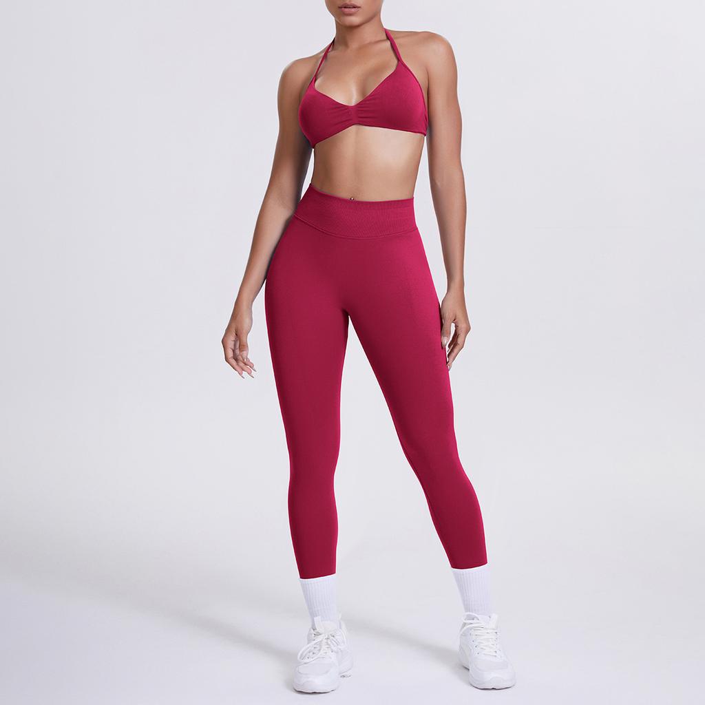 Seamless solid color beautiful back neck bra trousers yoga suit set tight running fitness two-piece set