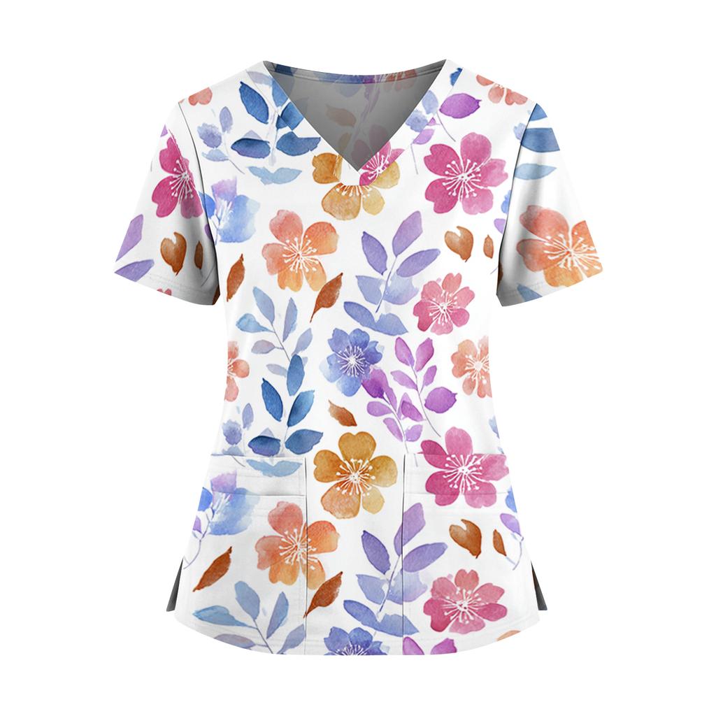 Women's floral print V-neck double pocket short-sleeved uniform/caregiver top with slits at the hem