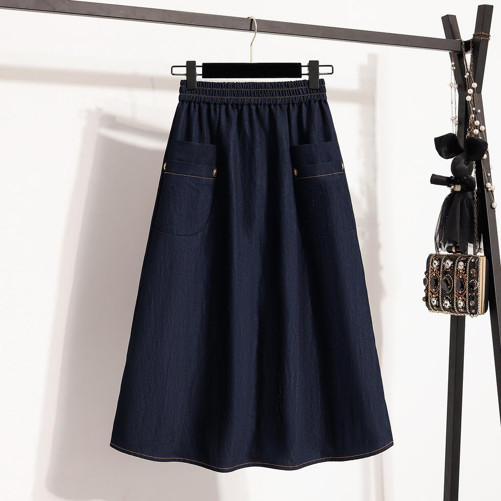 DIMANAF 2026 Summer Plus Size Women Skirts Elastic Waist Denim Blue Oversize Casual Lady Long Skirts Cotton Solid