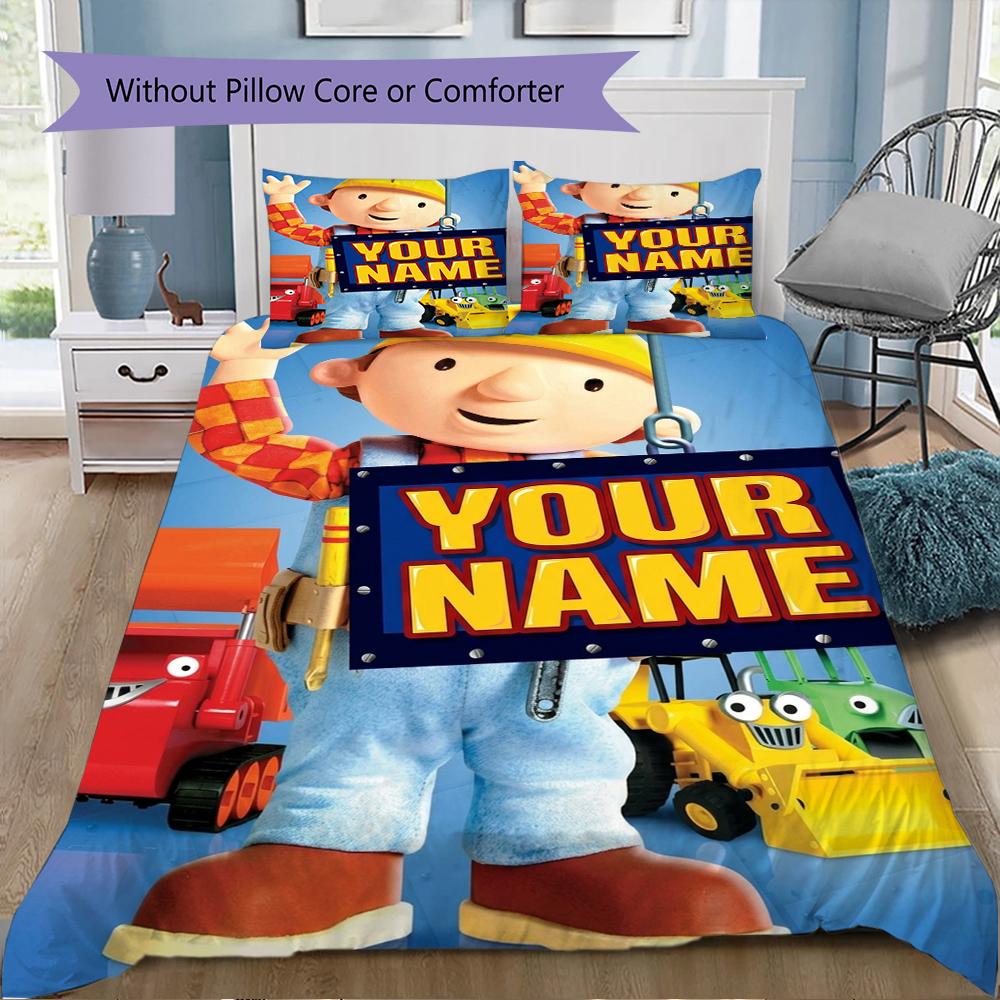Benutzerdefinierte Name Bob der Baumeister Bettwäsche, Steppbett-Set Bettbezug Kissenbezug Zuhause Geburtstagsgeschenk(1 Bettbezug + 2 Kissenbezüge, ohne Füllung)_xia