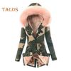 Women Winter Down Coat Faux Fur Fleece-lined Zip-up Press Button Closure Windproof Mid Length Jacket Camouflage Print Slim Fit Outerwear