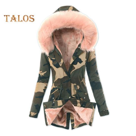 Women Winter Down Coat Faux Fur Fleece-lined Zip-up Press Button Closure Windproof Mid Length Jacket Camouflage Print Slim Fit Outerwear