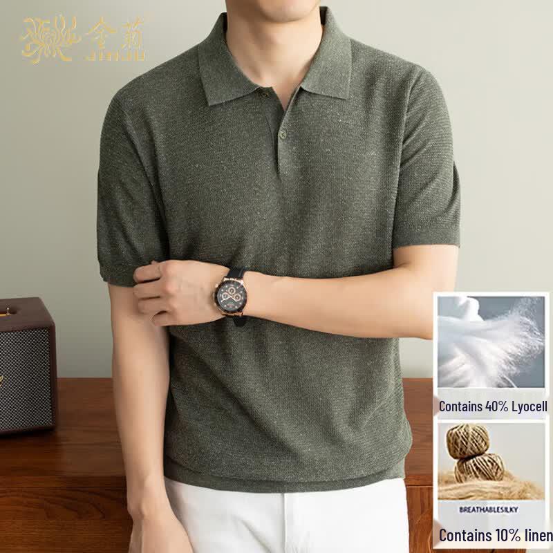 Jinjuan Men s Tencel-Linen Blend Polo T-Shirt L