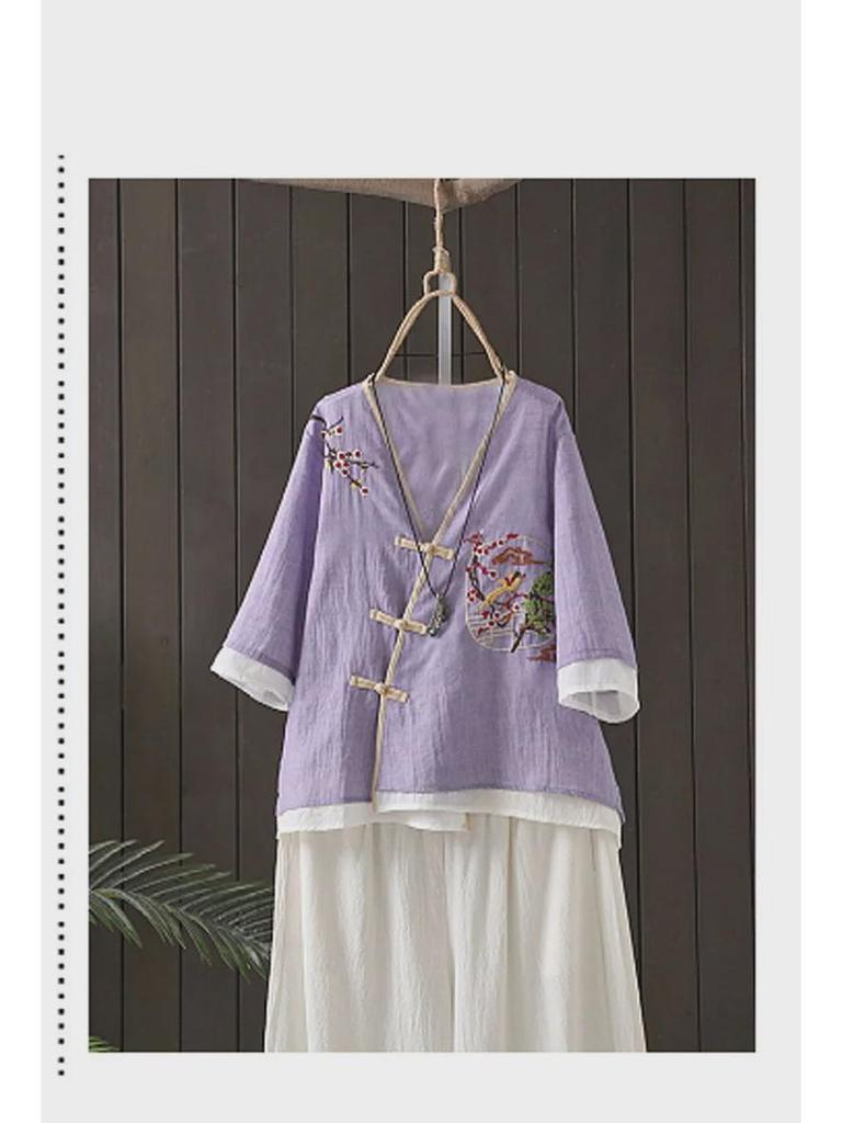 Embroidered V-Neck Chinese Style Buttoned Cardigan Dress – Women's Retro Five-Point Sleeve