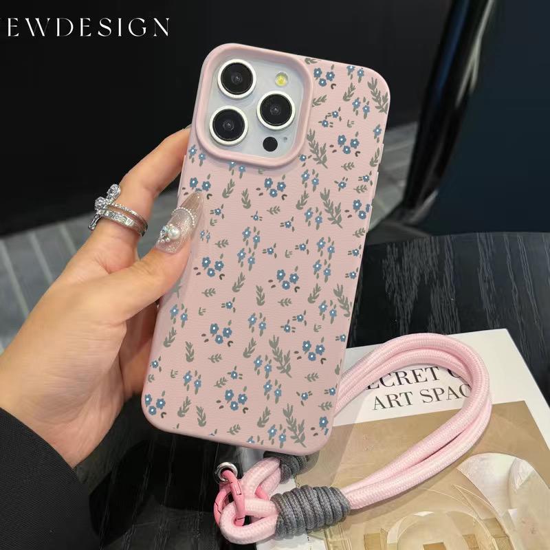 INS Small Blue Cute Flower Phone Chain Lanyard Case For iPhone 17 16 15 14 13 12 Pro Max 11 Plus Shockproof Lichee Pattern Cover
