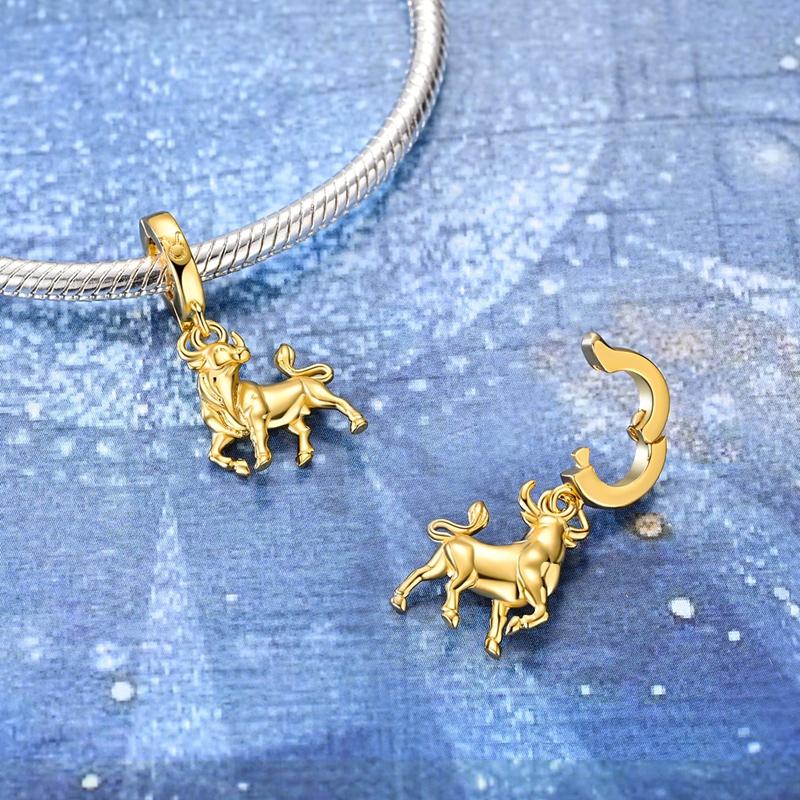 925 Sterling Silver Charms Bead Gold Plated Taurus Dangle Fit Original Bracelet DIY Women Jewelry GiftGood product