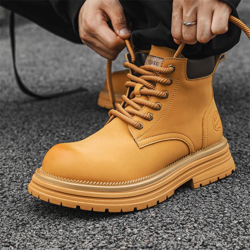 Big yellow boots autumn trendy men's shoes Martin boots retro tooling shoes high-top desert British style platform leather shoes 1681-J