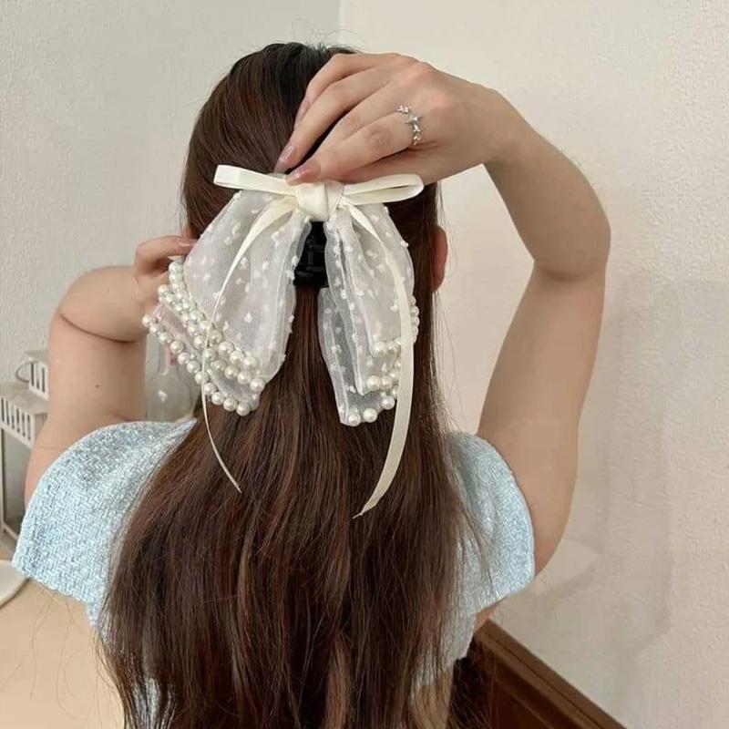 1PC Hairpin for Women Girls Hair Claw Multi-layered Bow Hair Clips Fashion with Pearl Stain Bow Ribbon