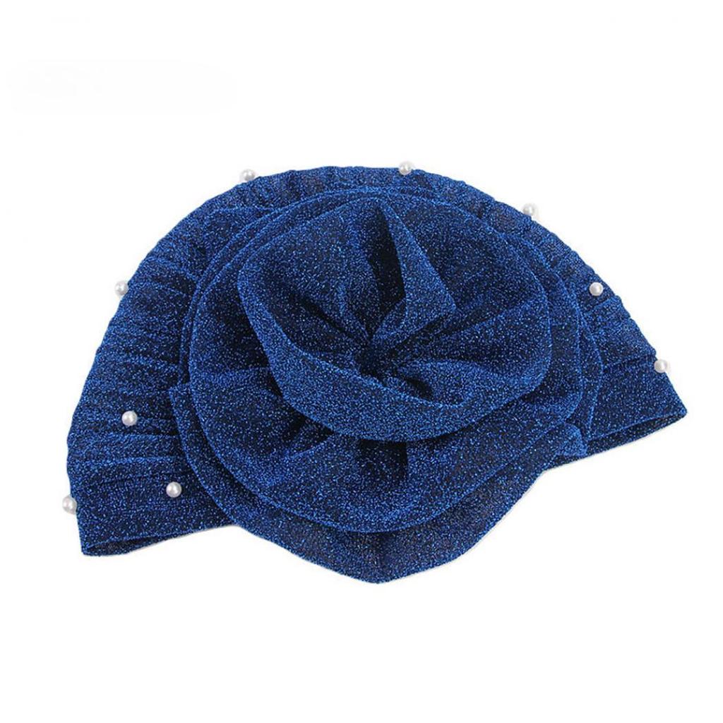 Women Big Flower Headband Cap Faux Pearl Decor Hijab Turban Hat Head Wrap