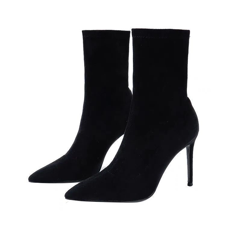 2025 New Royal Sister Style High-heeled Women's Shoes Pointed Thin Heels Short Boots Black Elastic Thin Socks Boots Martin Boots Sexy