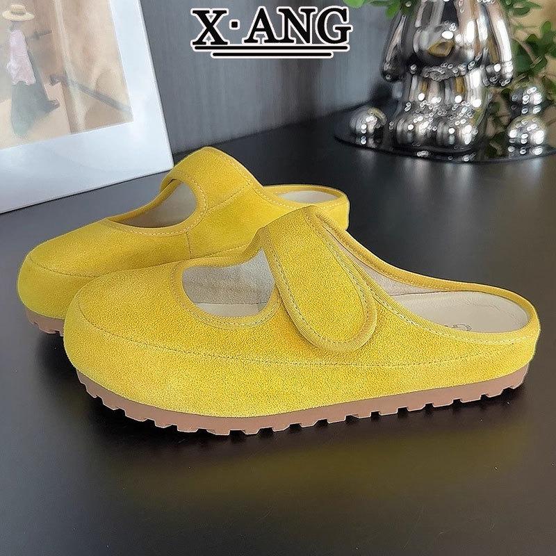Cowhide thick-soled women's bag head and half slippers, wearing summer new lazy one-pedal single shoes sandals