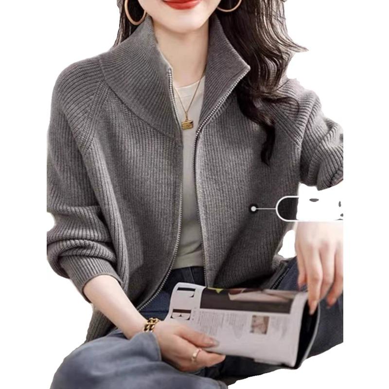 Autumn/Winter Fashion Cardigan Knitted Women Sweater Elegant Long Sleeve Zipper Loose Casual Office Top New Stand Collar Jacket