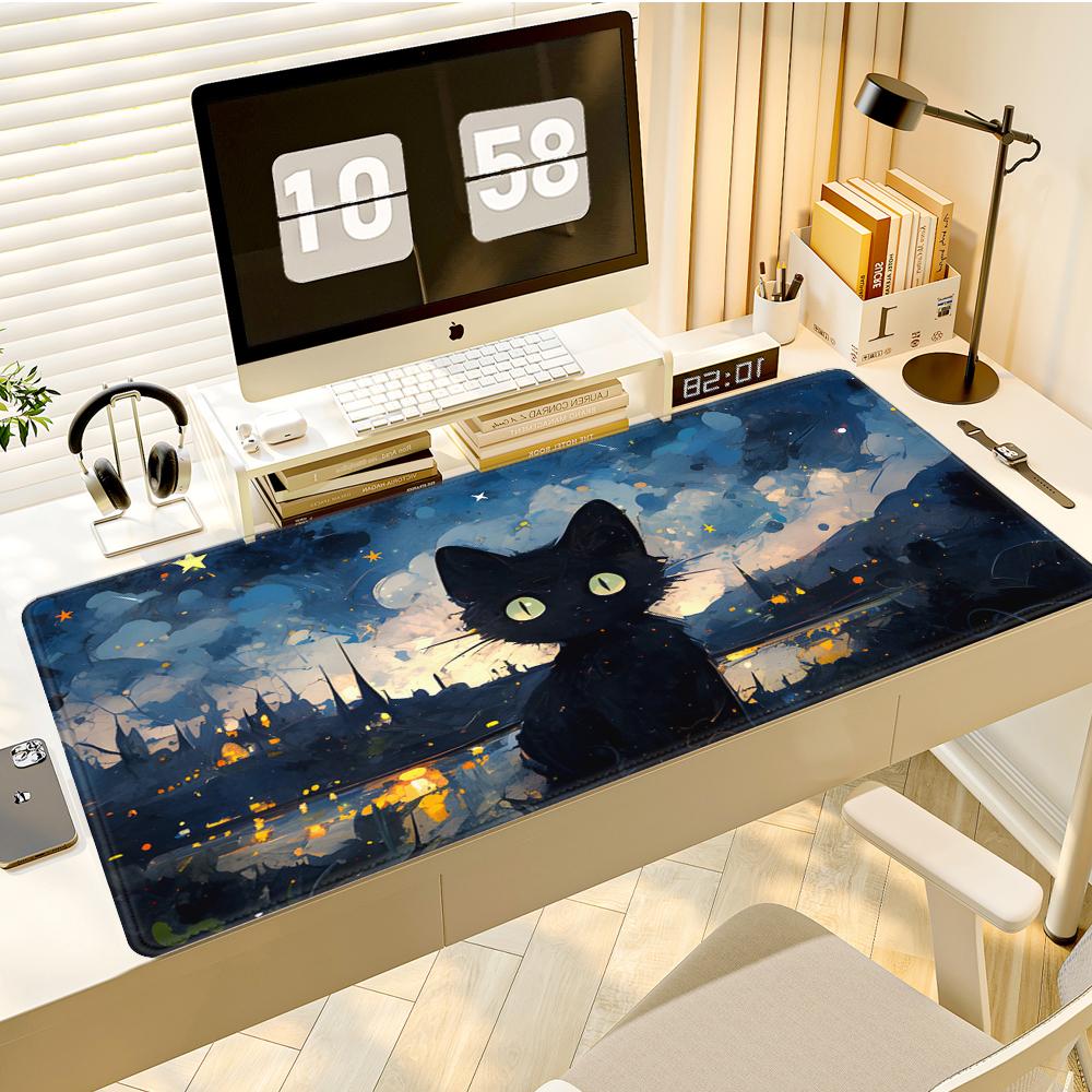 Gaming Mouse Pad Large Desk Mat Antislip Stitched Edges Cute Black Cat  Starry Night City Print Keyboard Mat for Gamers