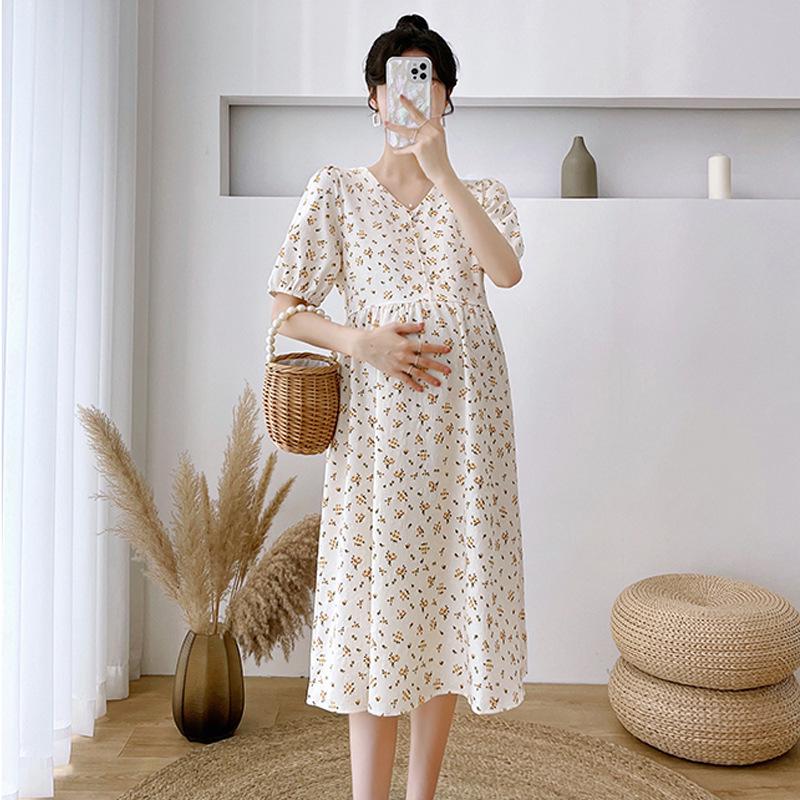 High-End Floral Maternity Midi Dress for Summer: Pregnancy & Breastfeeding Friendly