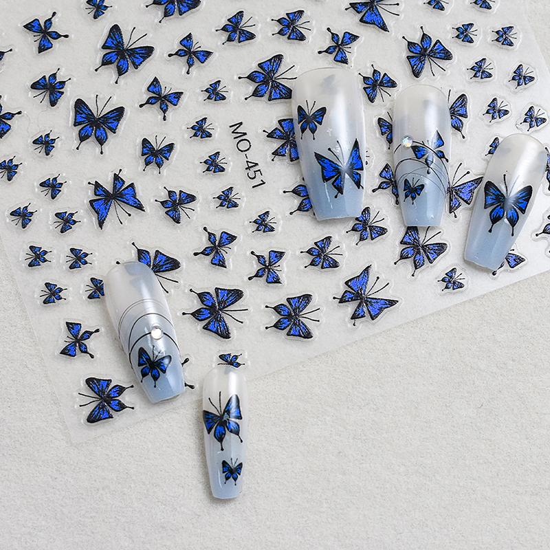 

Темно-синие нарисованные вручную наклейки для ногтей в виде бабочек, украшения для ногтей, переводные наклейки, самоклеящиеся наклейки в стиле ретро, черно-белые слайдеры MO-451