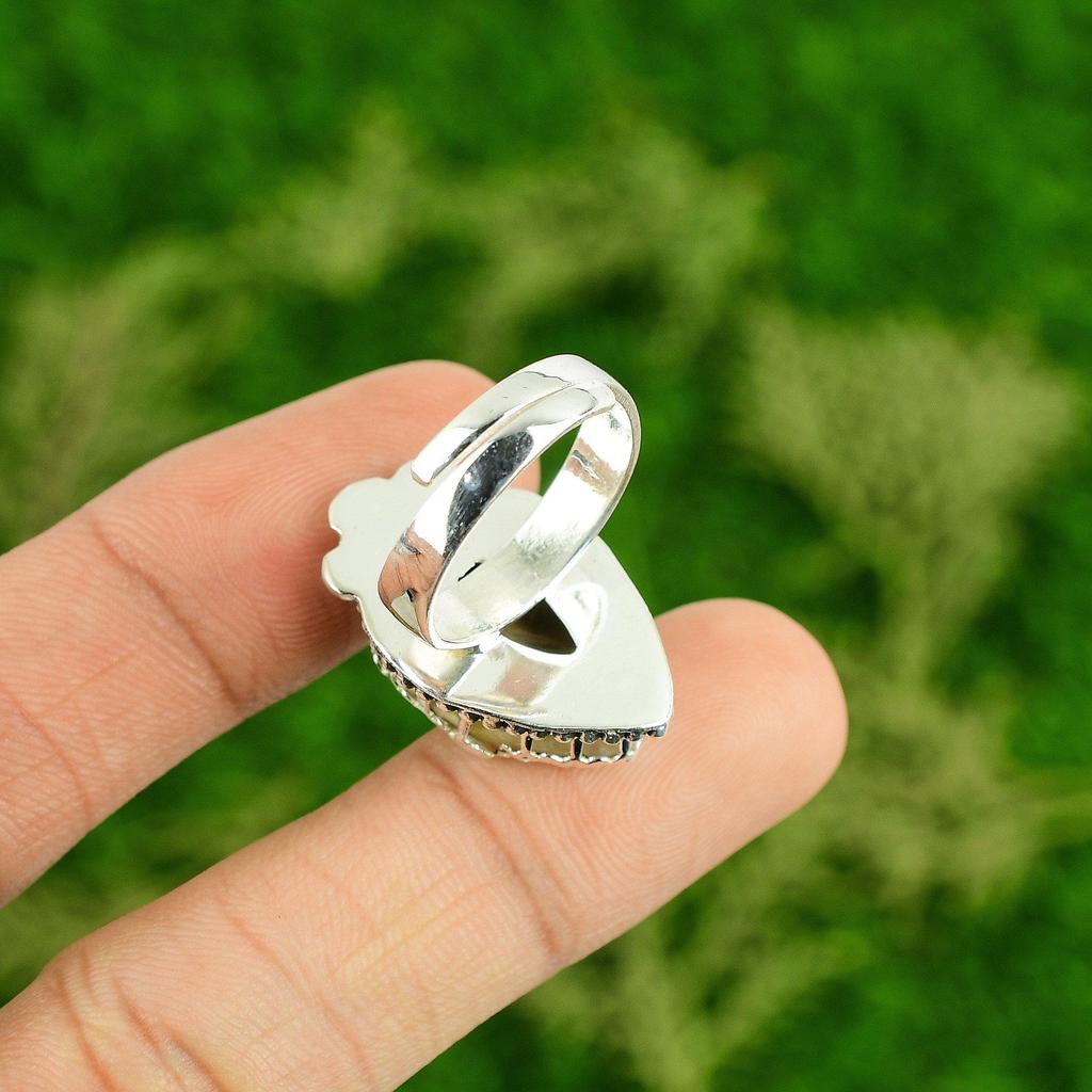 Natural Plume Agate Gemstone 925 Silver Promise Adjustable Ring For Girls