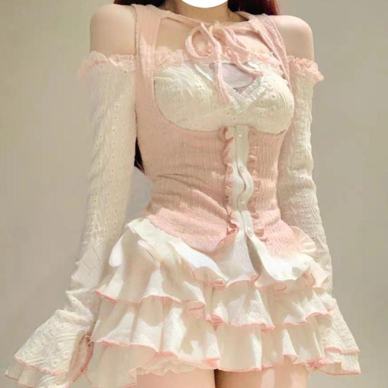 2024 Spring Sweet 3 Piece Set Women Party Sexy Y2k Crop Top + Office Lady Casual Mini Skirt + Elegant Slim Vest Korean Fashion