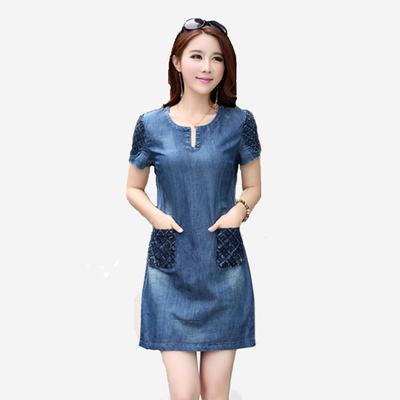 Kurzärmliges dünnes Jeanskleid für Damen, lässiges Kleid in Übergröße