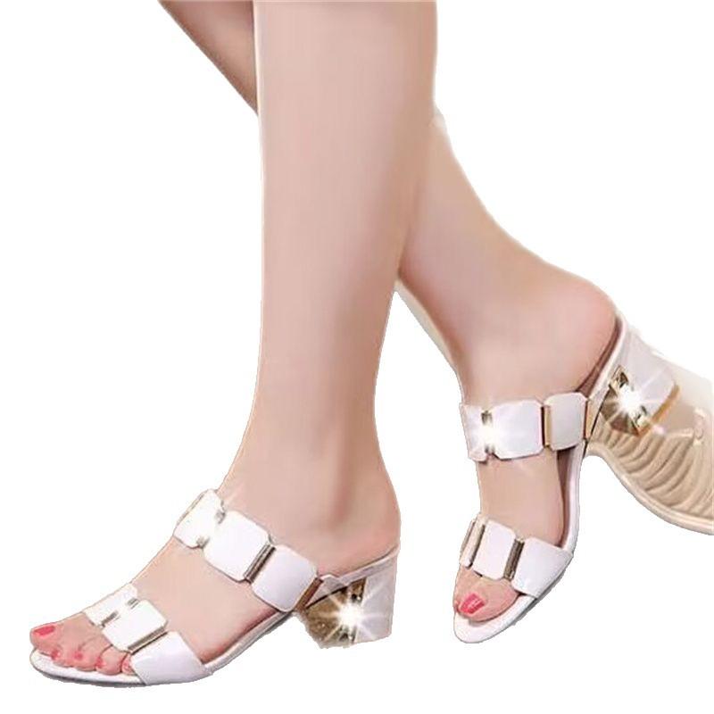 Thick heel cool slippers summer fashion new outer wear medium heel one-word button drag women's sandals women
