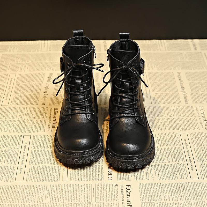 Women's 2025 Round Toe Lace-up Martin Boots with Side Zipper and Thick Sole - British Style Fashionable Short Boots