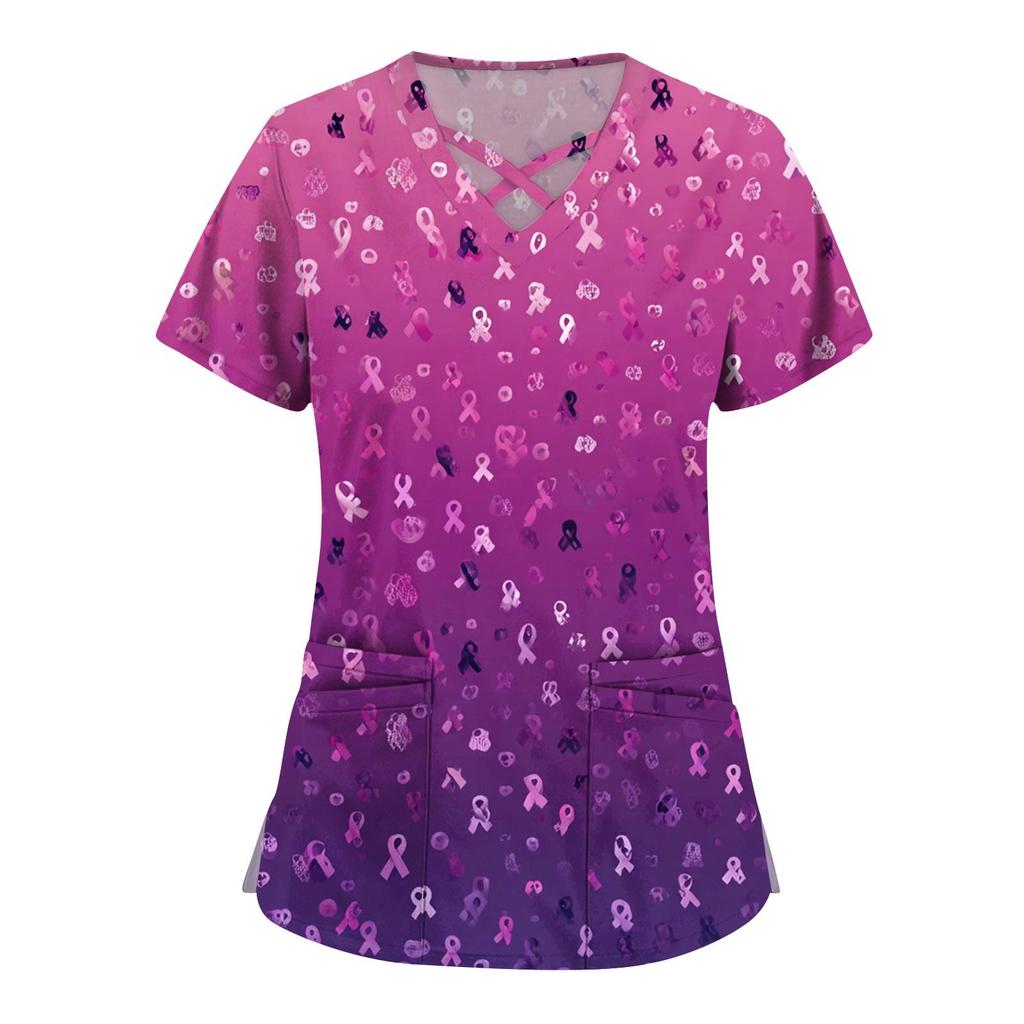 Dámská móda V-výstřih Krátký rukáv Kombinézy Kapsa s dvojitou vrstvou Tištěná trička Oblečení