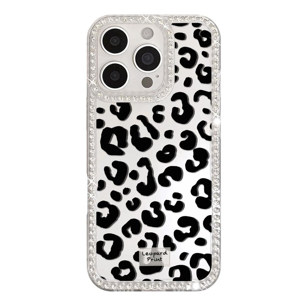 Leopard print black background, suitable for iPhone17Pro flash diamond mobile phone case, Apple 16 advanced sense 14/15 light luxury 12 large holes