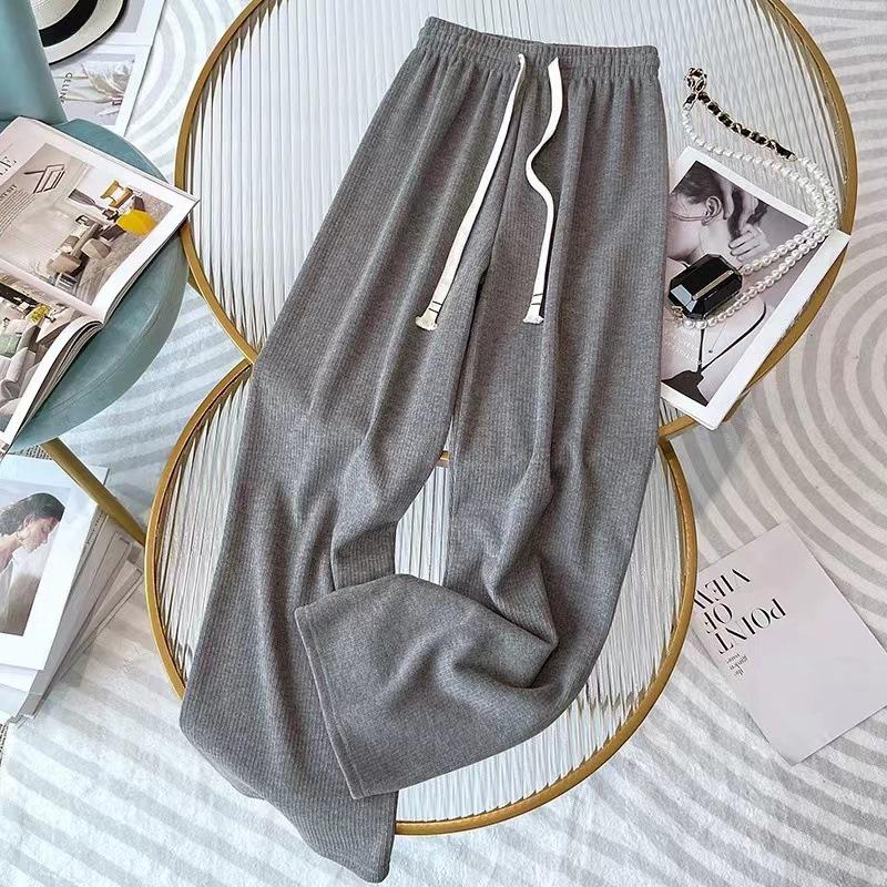 Women's Cream Cashmere Wide-Leg Knit Pants - High Waist, Floor-Length, Solid Color, Autumn/Winter